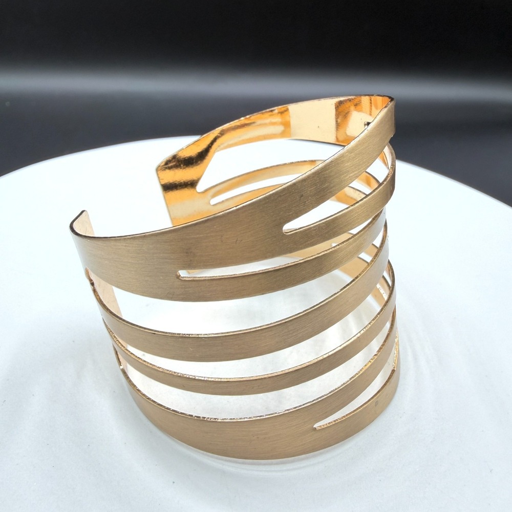 Gold Tone Wide Cuff Bracelet Geometric Multi Band Cutout Modernist Statement